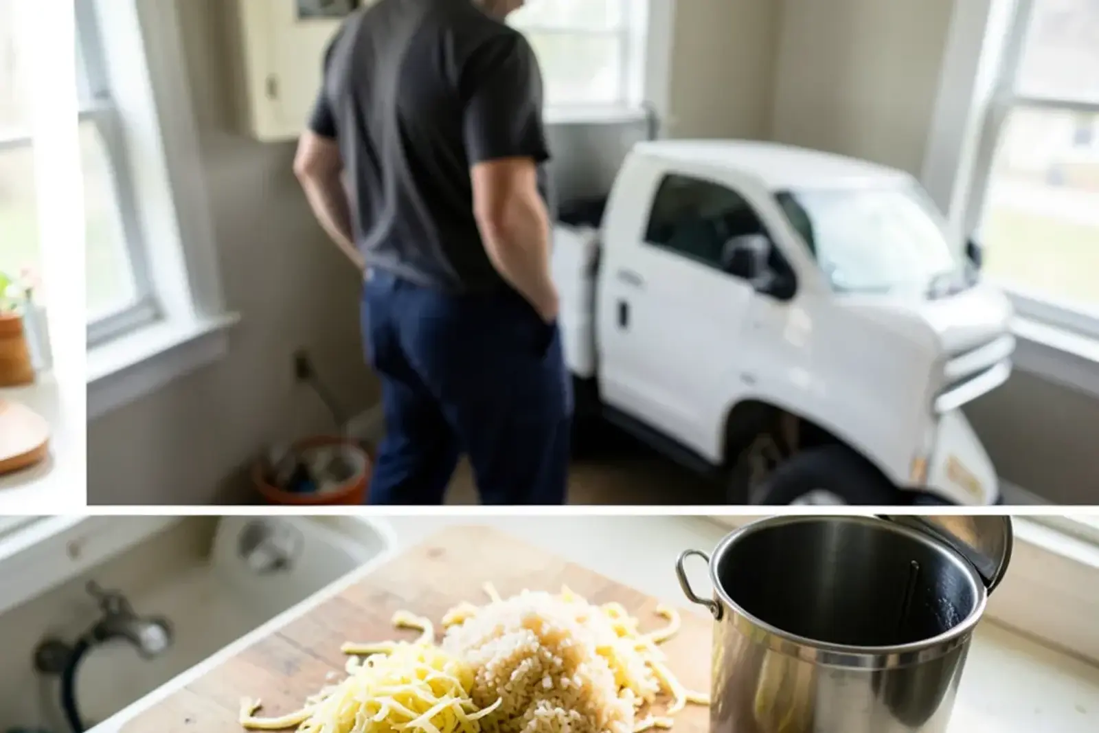 Small piles of potato peels, cooked rice and pasta on a kitchen counter next to a compost pail