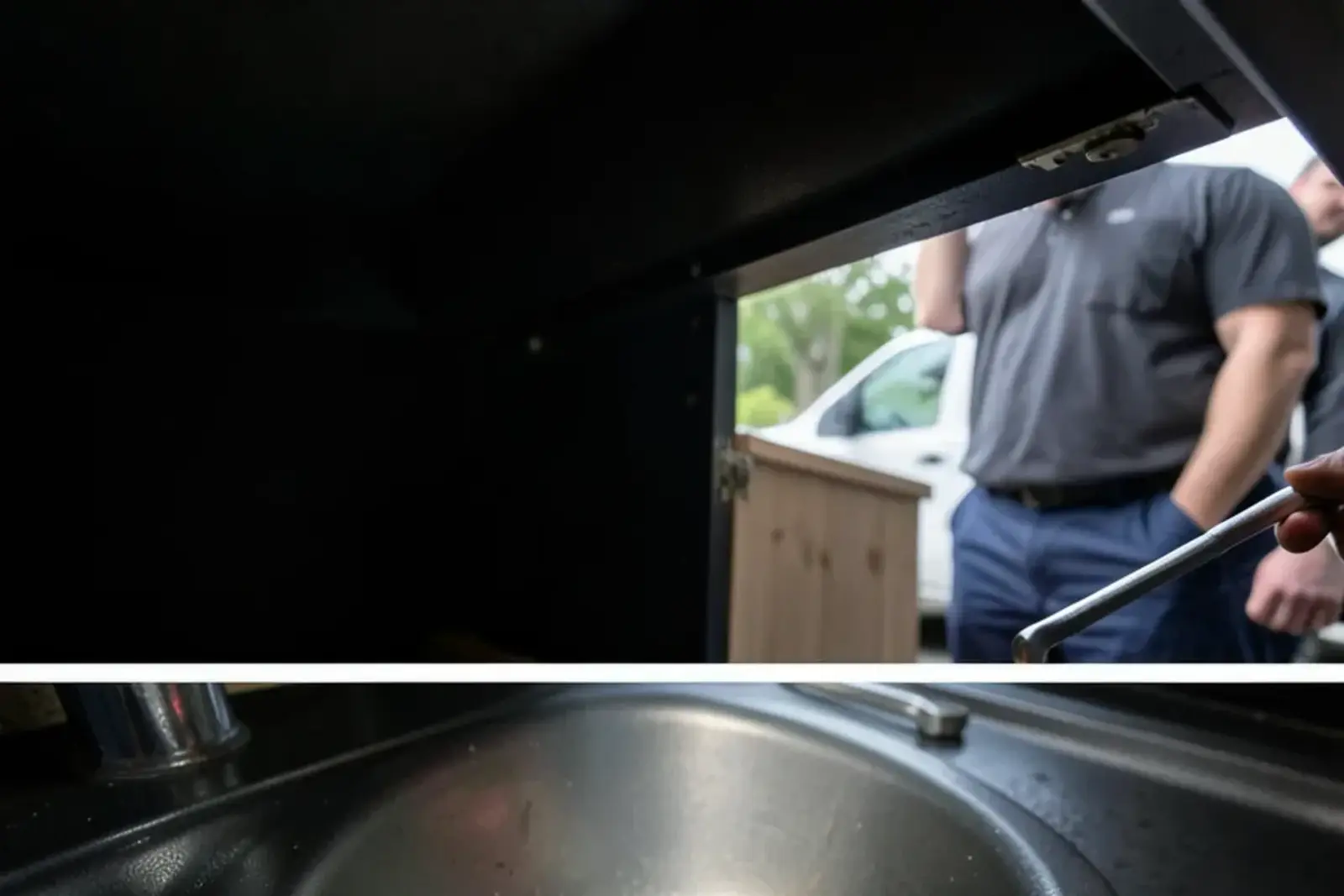 Underside of a garbage disposal under a kitchen sink showing the red reset button and hex wrench socket