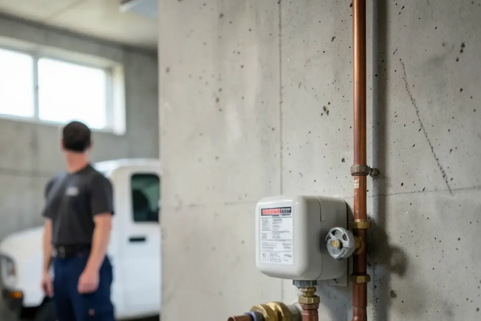 Residential water meter on a basement wall with a shutoff valve on the street side and a second valve on the house side