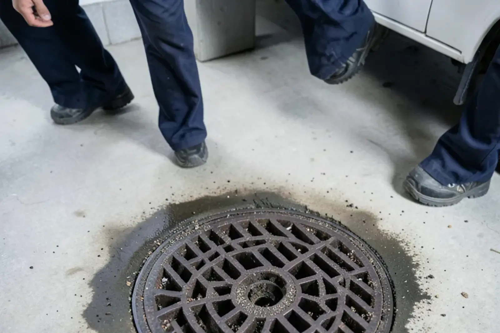 Close view of a cast iron floor drain grate set in a basement floor with a damp ring around it
