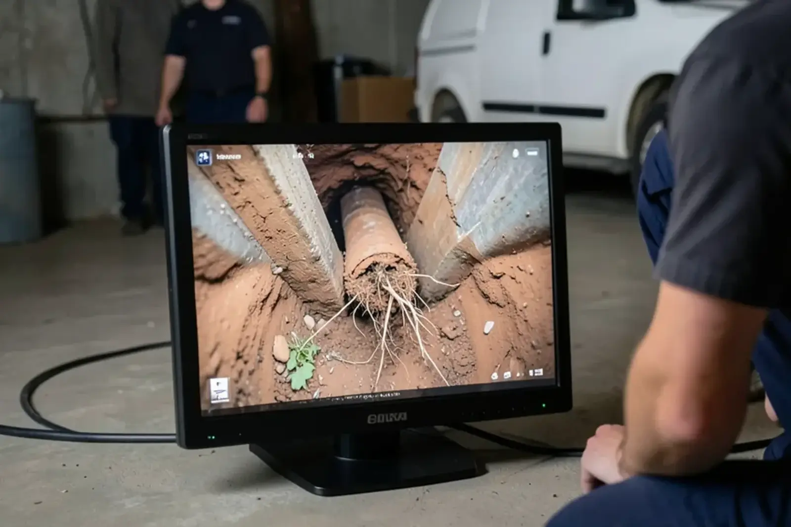 Sewer inspection camera monitor on a basement floor showing the inside of a clay sewer pipe with root intrusion at a joint