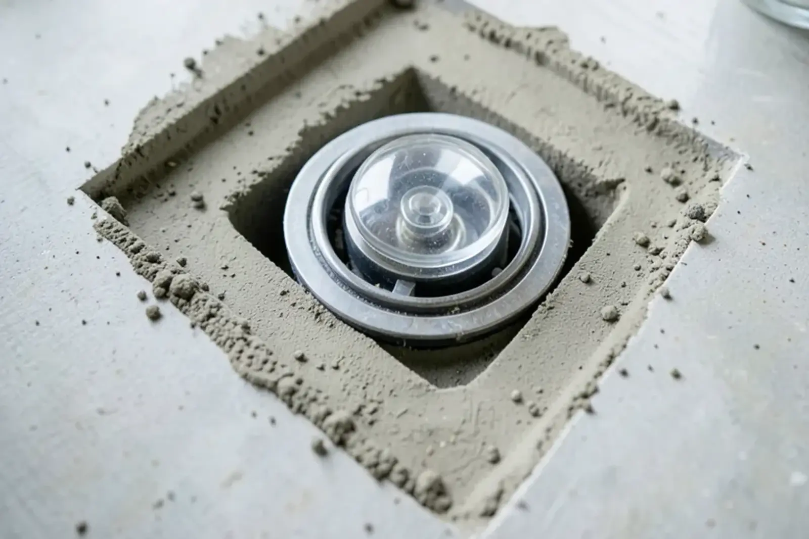 Backwater valve with a clear inspection lid set in a square opening cut into a basement floor slab