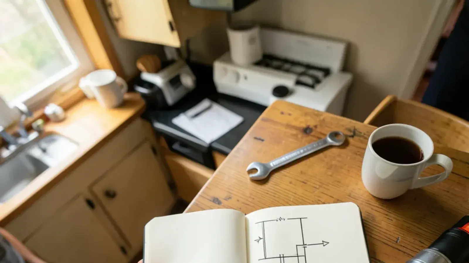 Homeowner's notebook with a sketched basement plumbing layout beside a pipe wrench