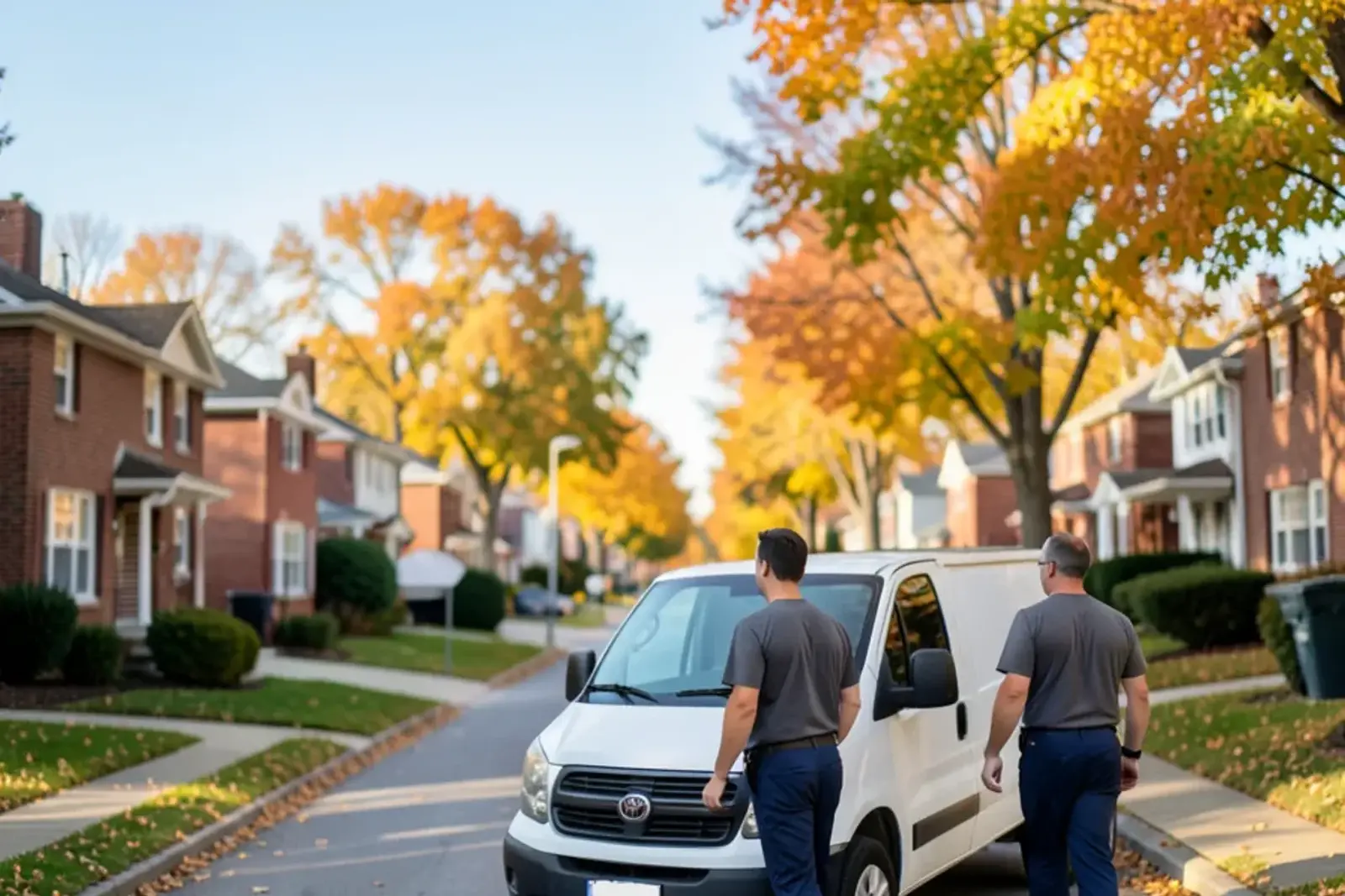 Quiet residential side street of brick ranch houses on a clear autumn day