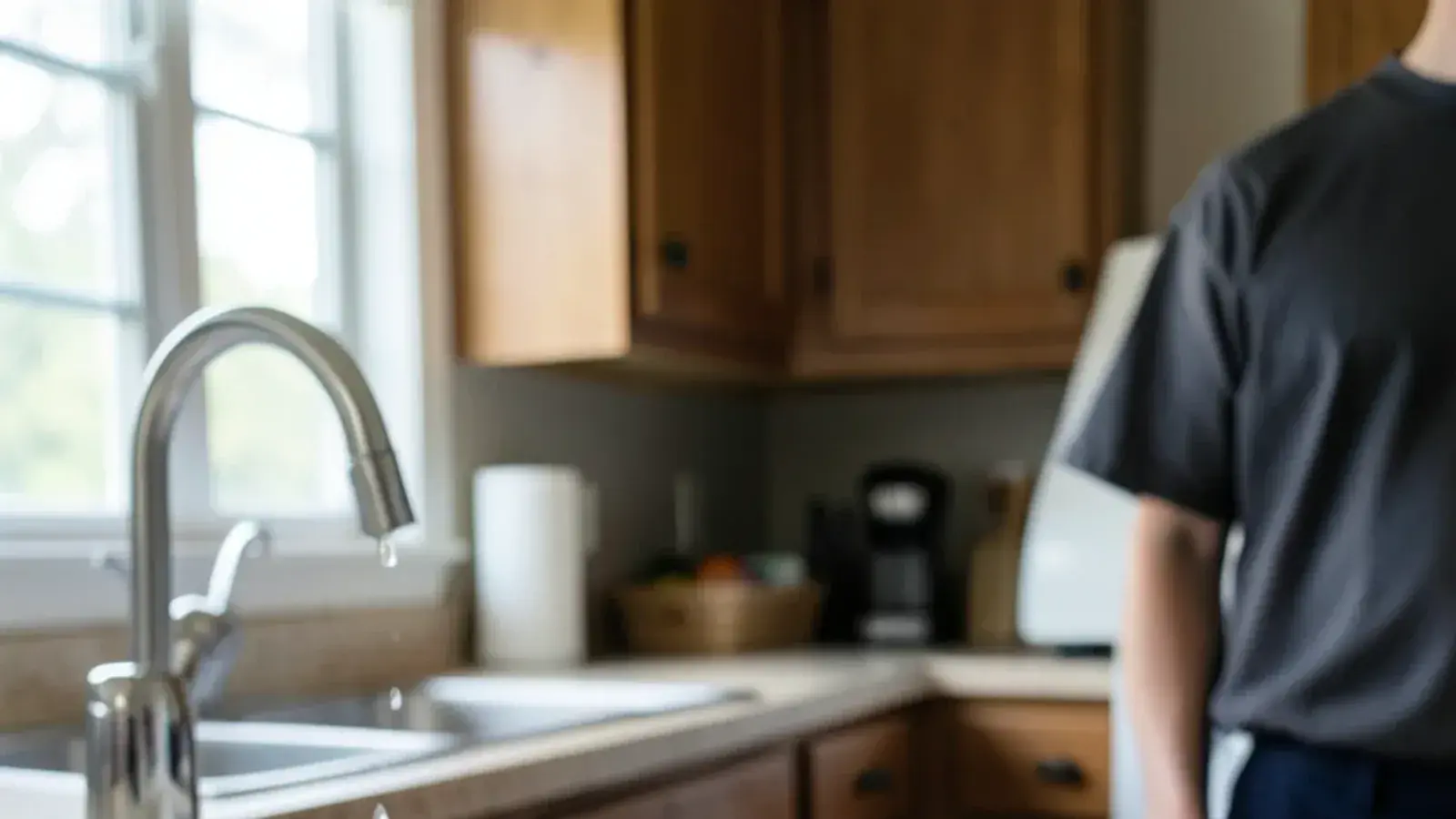 Phone on a kitchen counter beside a leaking faucet and a towel