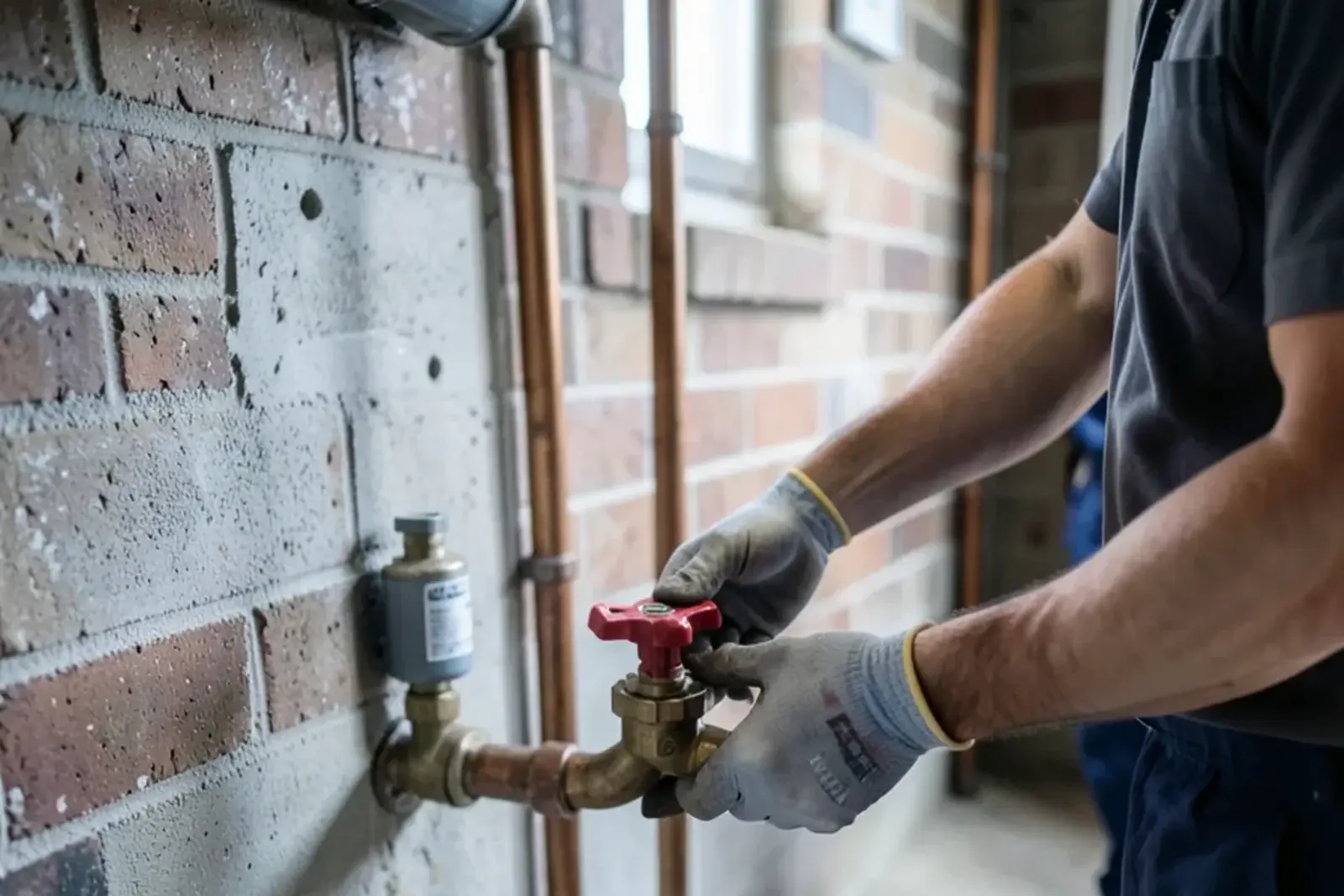 Hand turning a red-handled main water shutoff valve beside a basement water meter