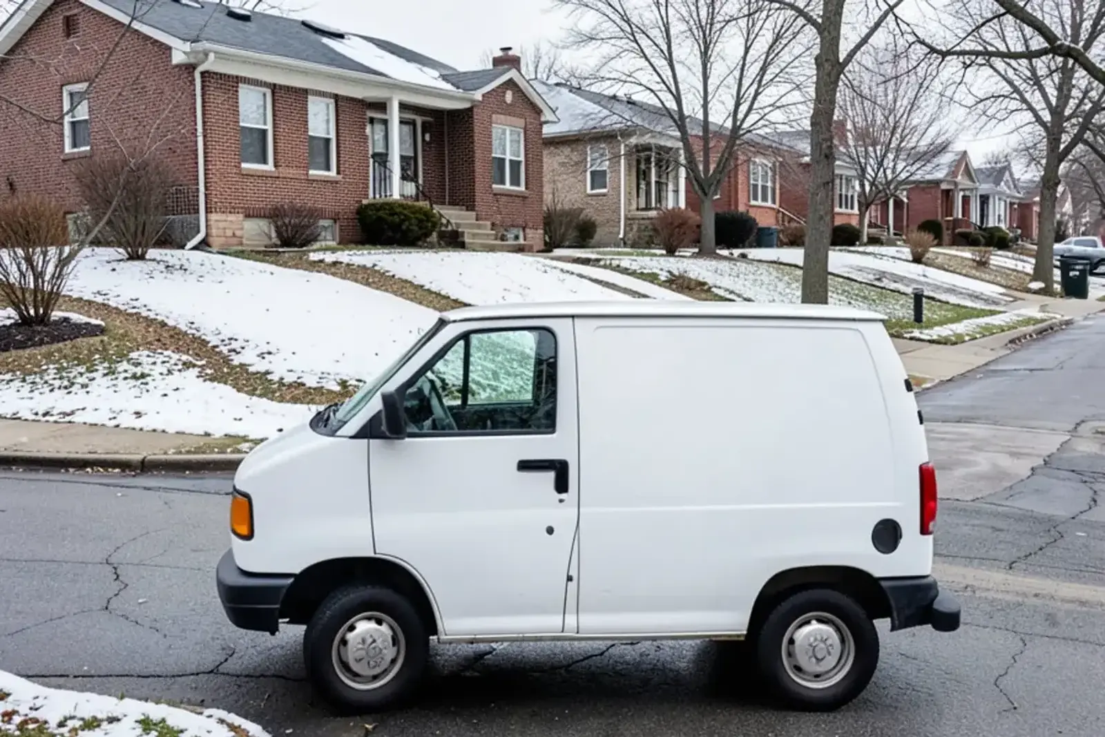 Plain white cargo van parked on a quiet street of brick ranch houses after snowfall