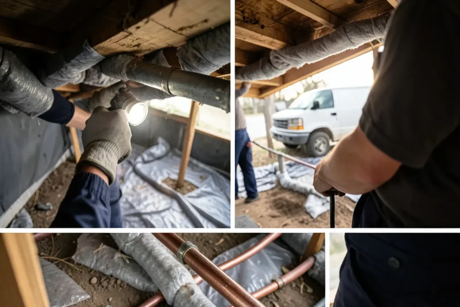 Insulated copper and galvanized supply pipes running through a shallow crawlspace