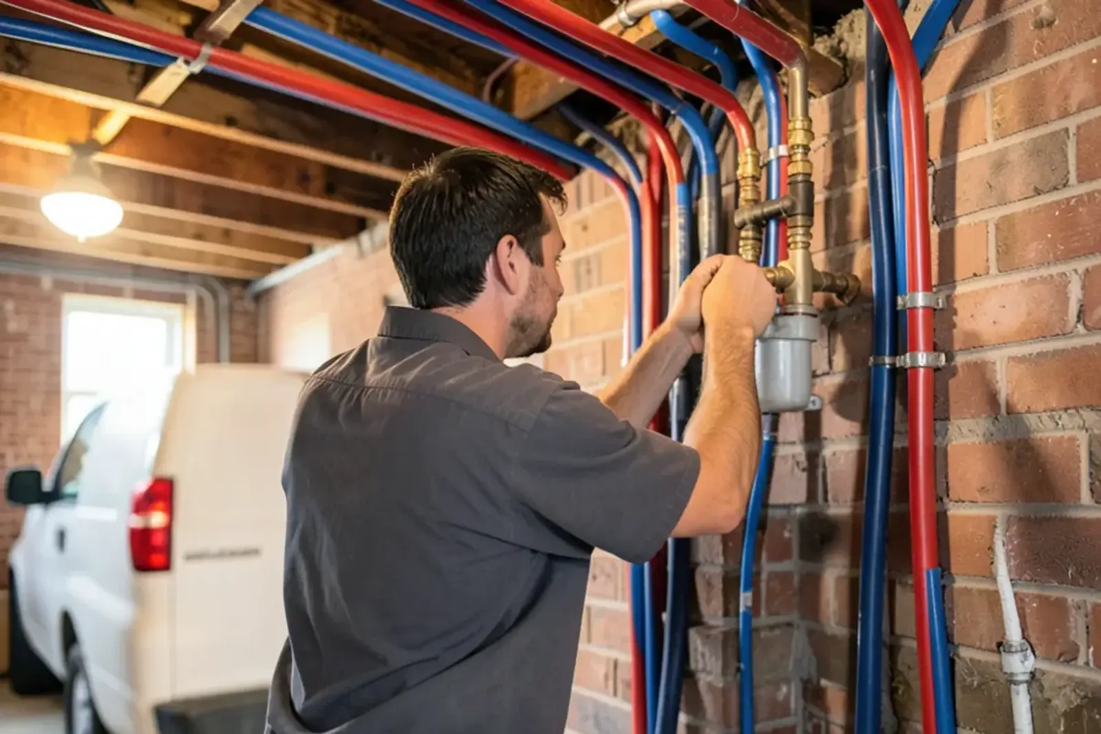 Rows of red and blue PEX lines feeding a new manifold on a basement wall