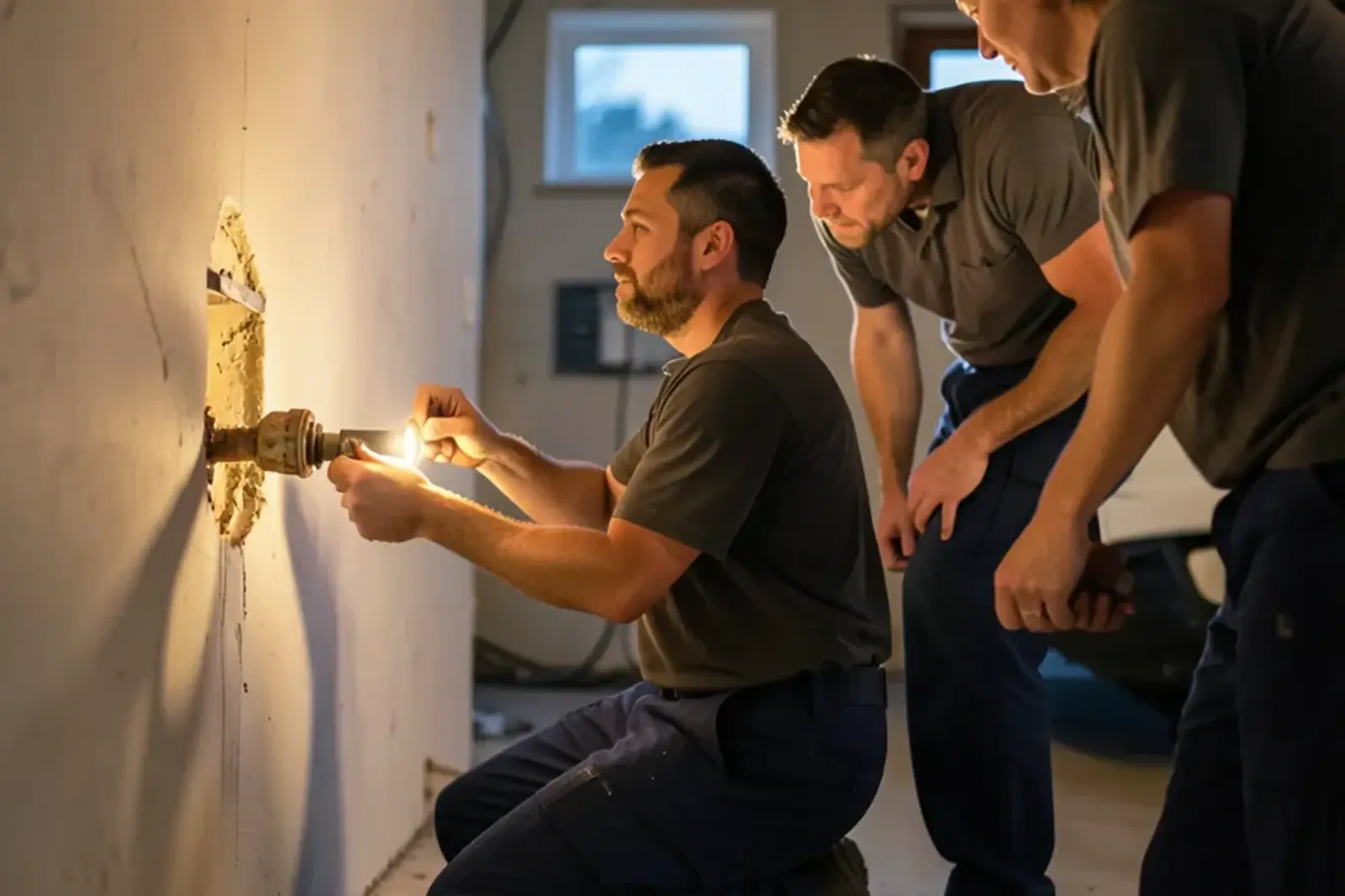 Plumber kneeling by an open basement wall showing a homeowner a corroded pipe fitting
