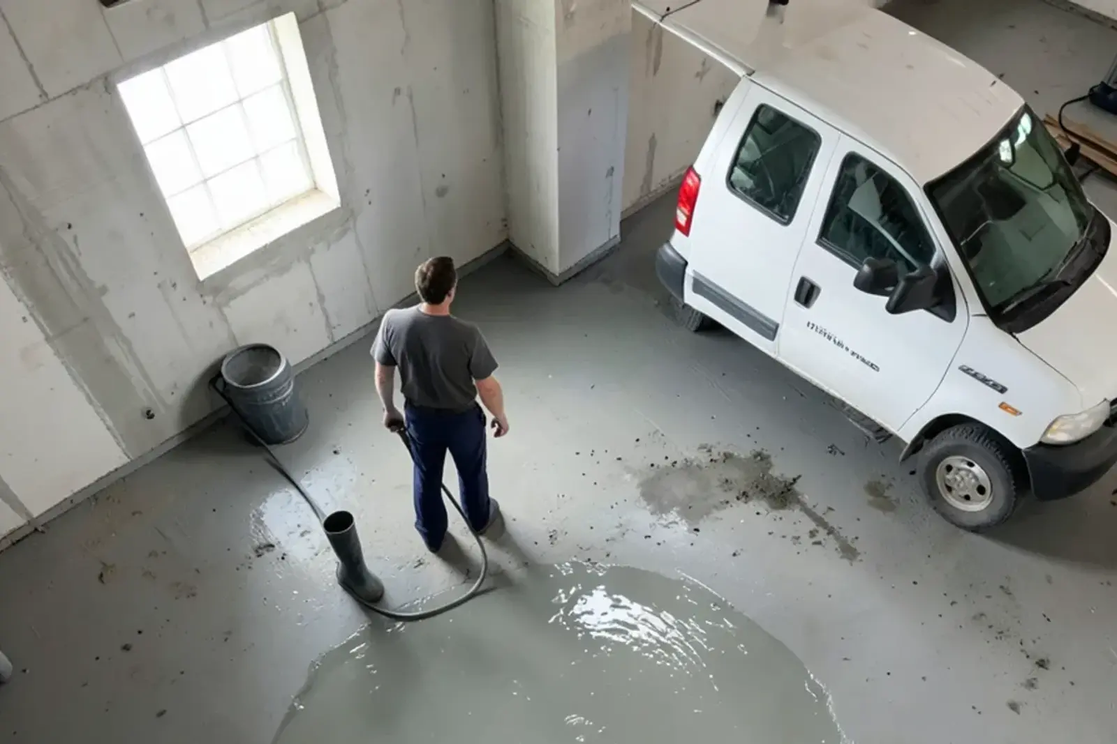 Gray water pooled around a round cast-iron basement floor drain beside a wet-dry vacuum