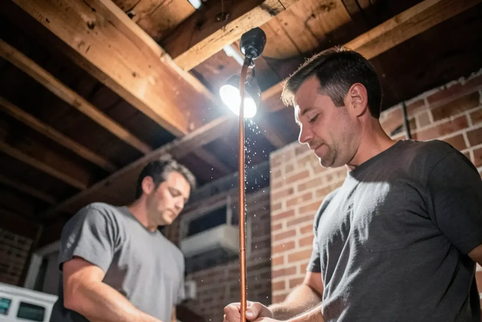 Tubing cutter removing a section of split copper pipe between basement floor joists