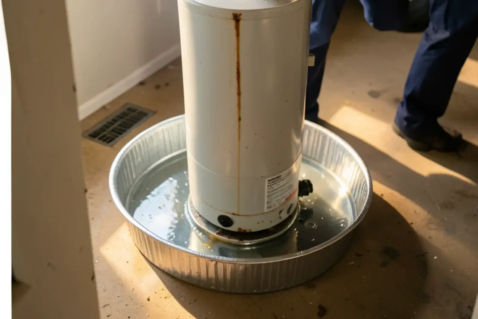 Base of a gas tank water heater standing in a metal drain pan with water collecting around the tank