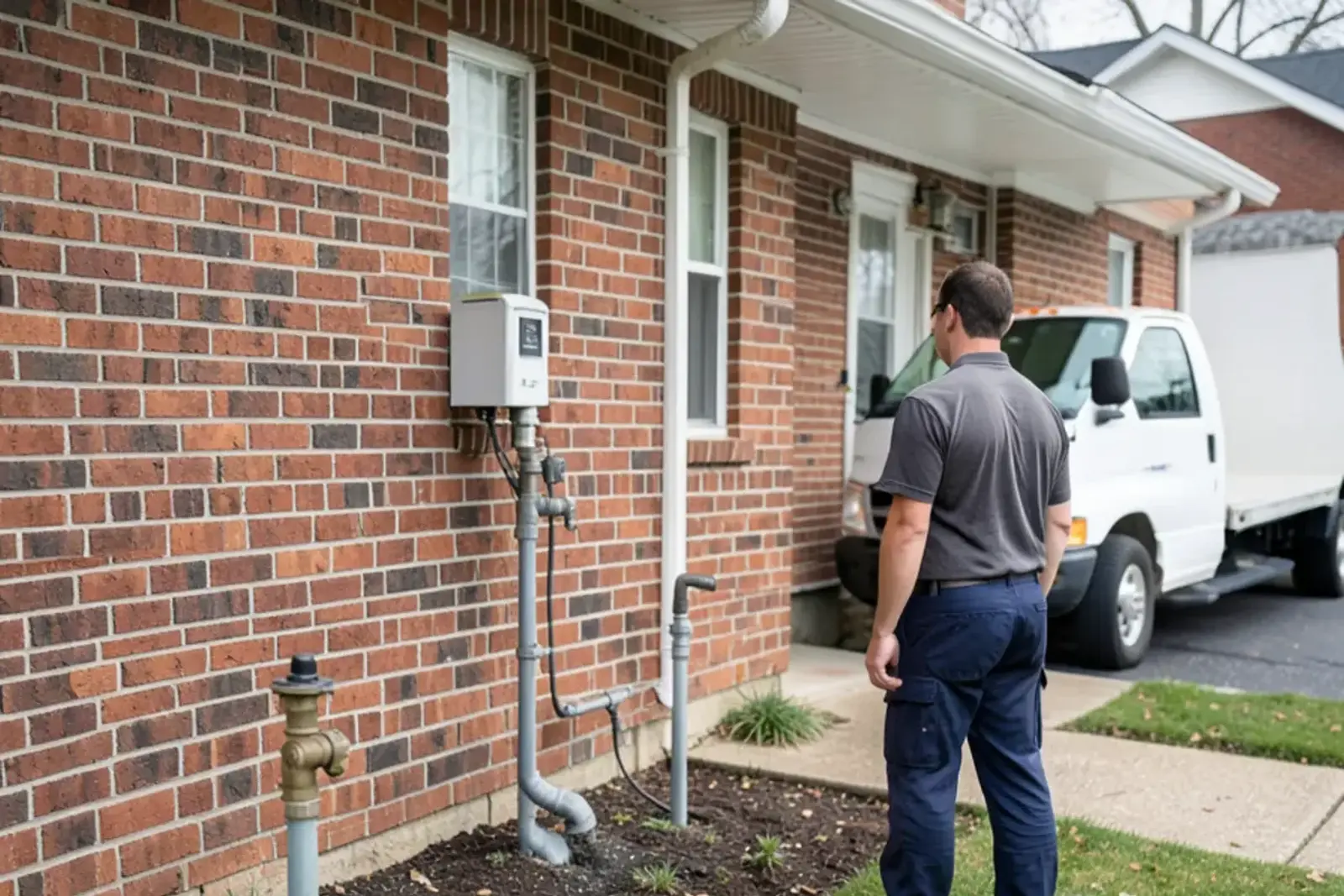 Pressure vacuum breaker above grade on an irrigation riser next to a house with a sprinkler head in the lawn