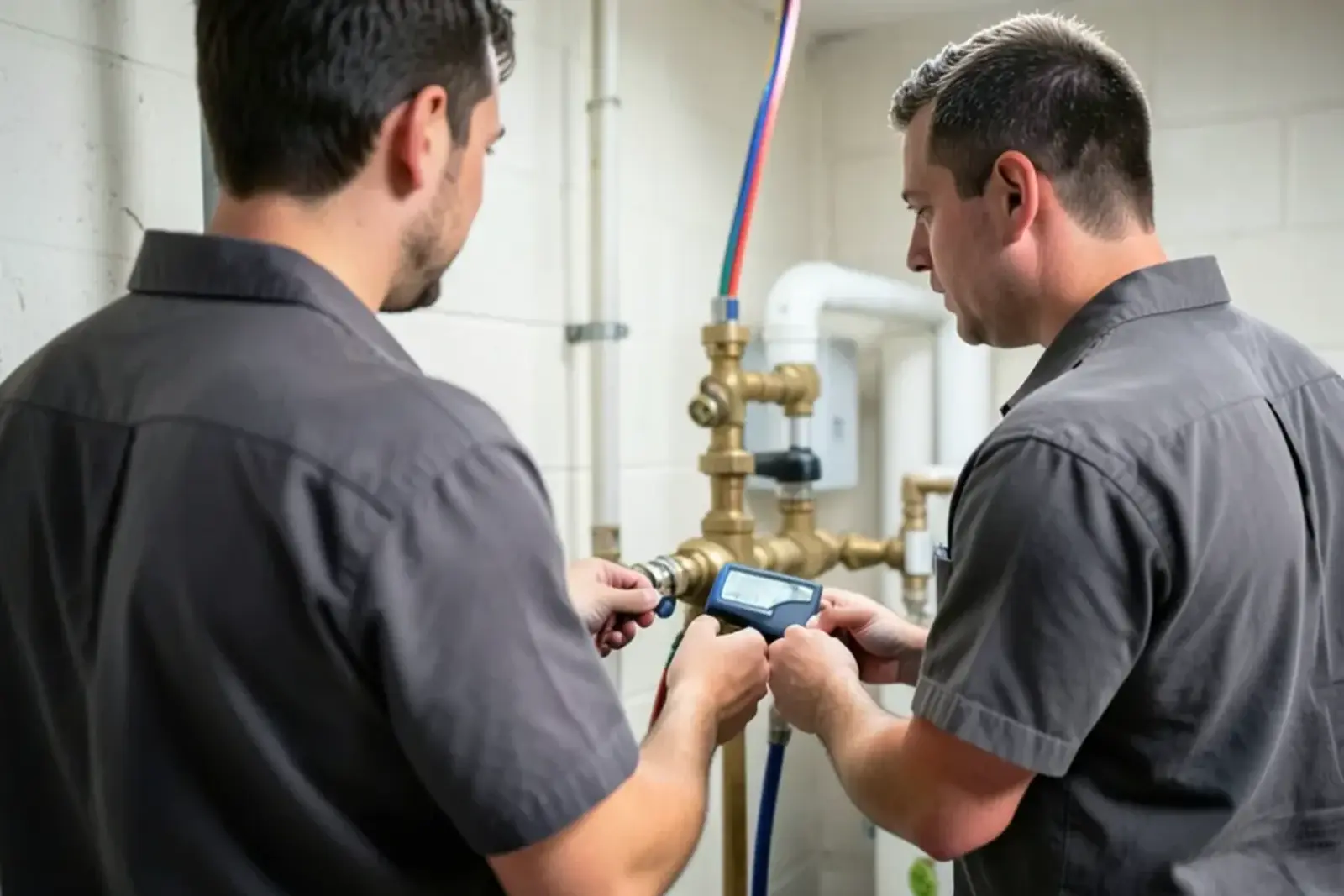 Backflow test kit hoses connected to the test cocks of a reduced pressure zone assembly