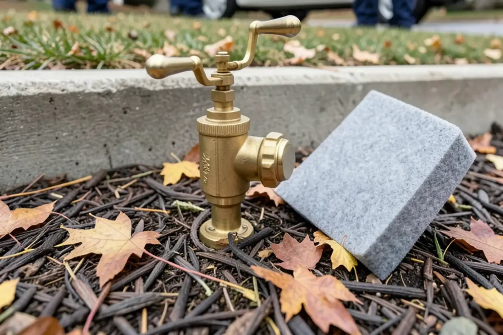 Pressure vacuum breaker with its valves turned partway open and a foam cover set beside it in fall