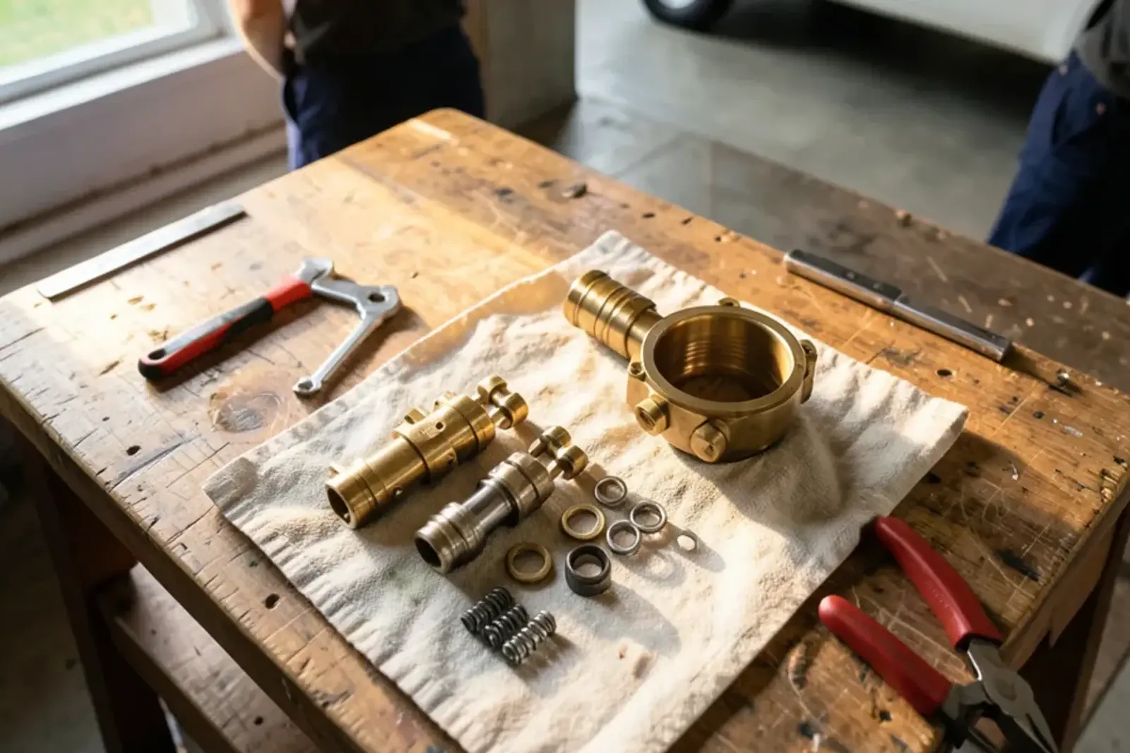 Check valve parts and rubber seals laid out on a rag beside an opened backflow assembly