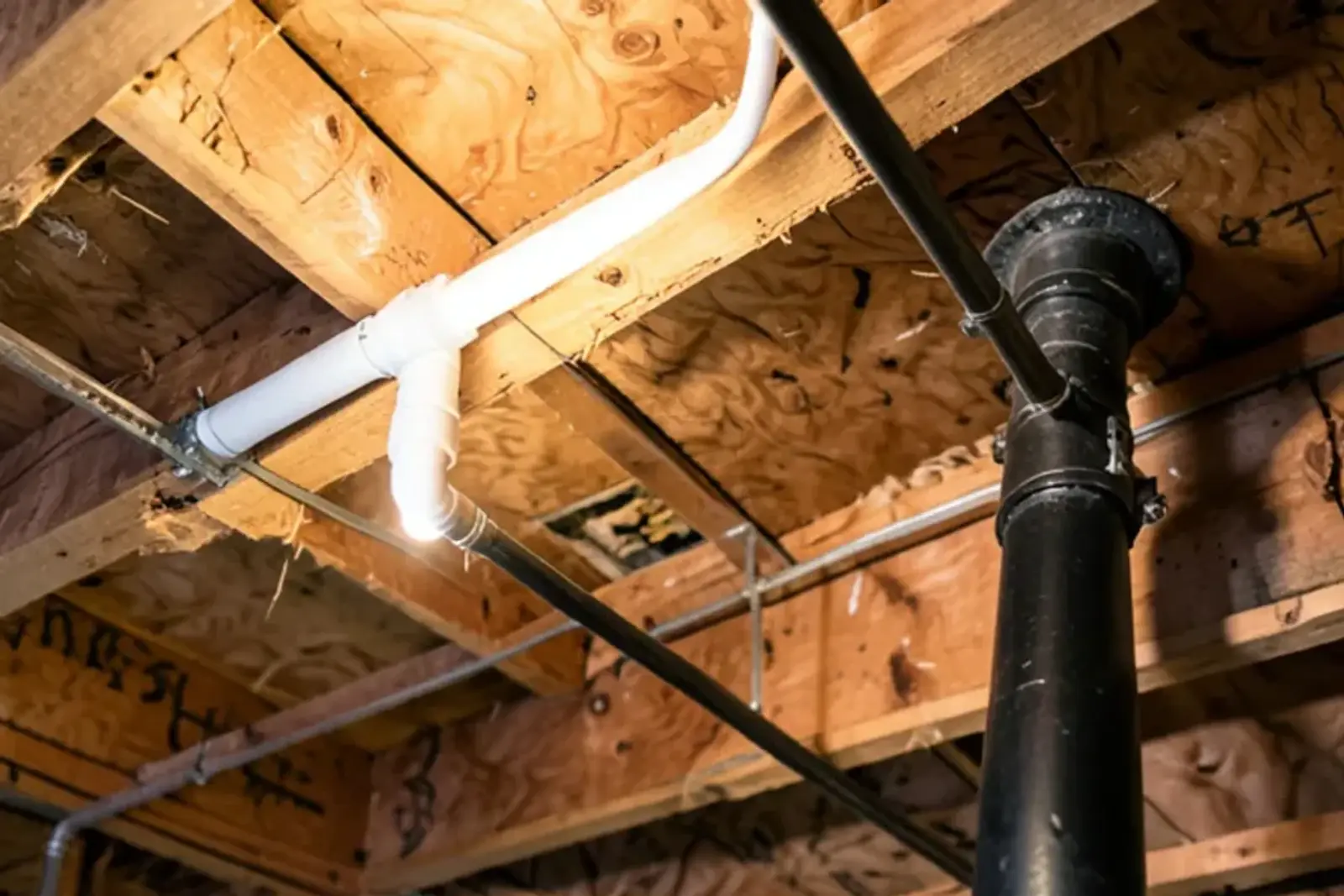 New white PVC toilet drain sloping across open basement ceiling joists toward an old cast-iron stack