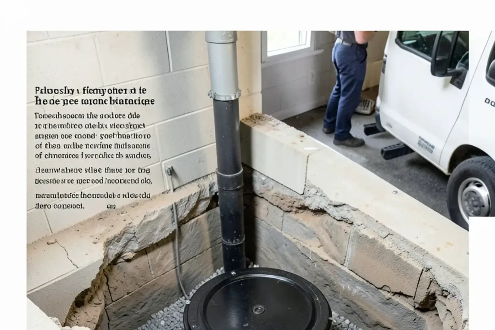 Sealed plastic sewage ejector basin set into a broken-out basement floor with drain and vent pipes connected