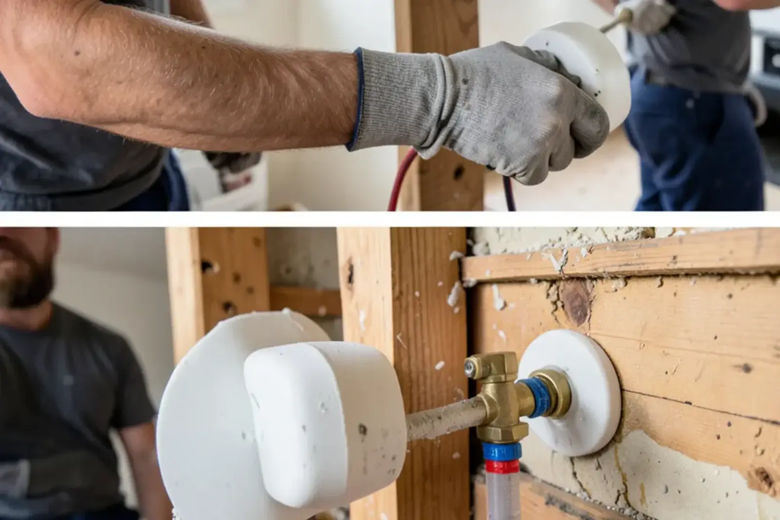 Pressure-balancing shower valve body with plaster guard mounted on blocking between studs, PEX lines attached