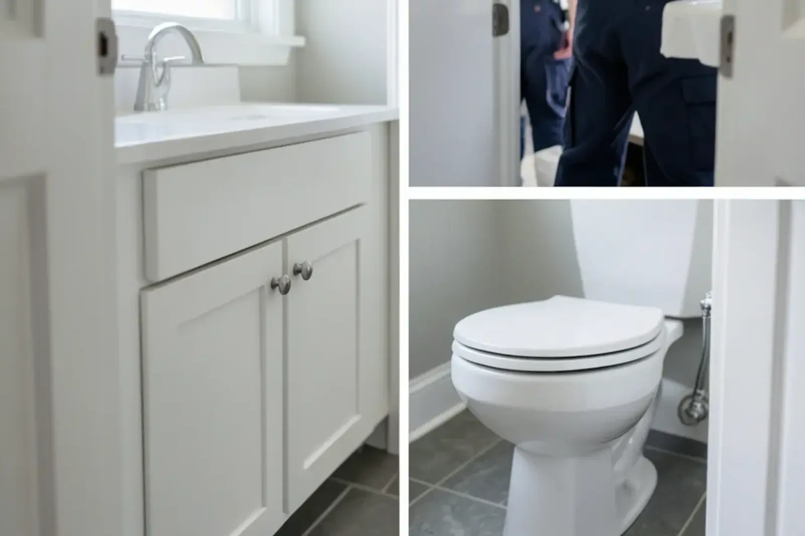 Finished small bathroom with a new white vanity, chrome faucet, braided supply lines and a new toilet set on tile