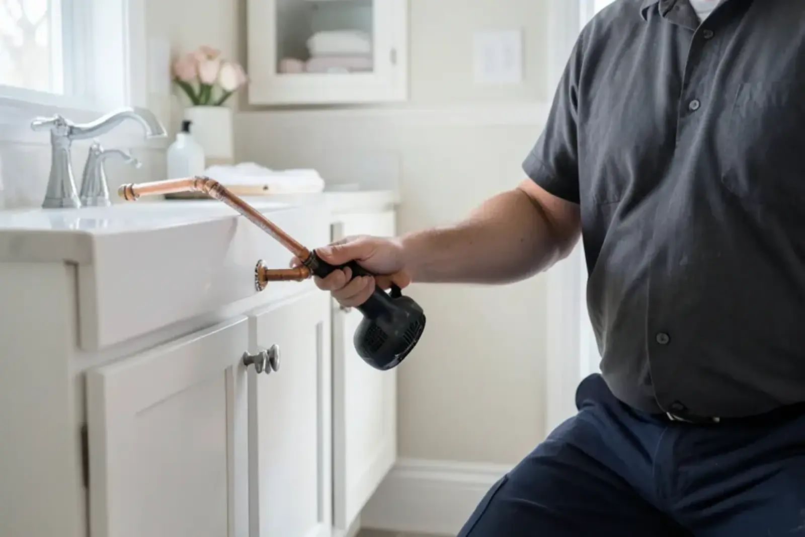 Hair dryer aimed at a frozen supply pipe under a bathroom vanity with the faucet left open