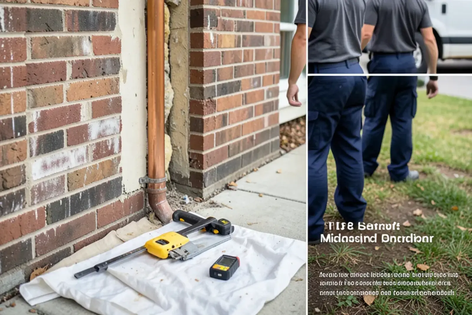 Small square cut in water-stained drywall exposing a split copper pipe inside an exterior wall
