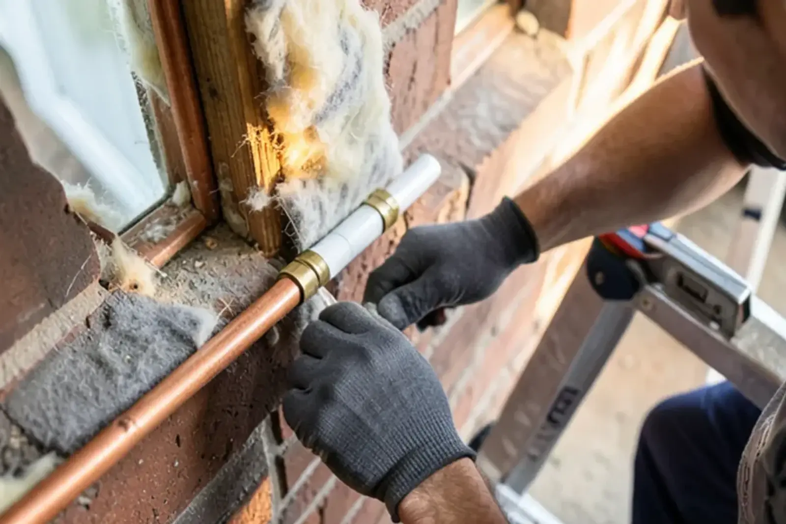New PEX section crimped into copper line with foam pipe insulation being fitted near a basement sill plate
