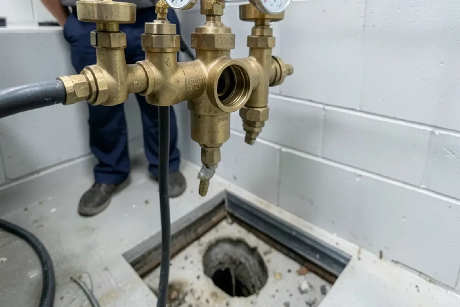 Close view of the test cocks and relief port on a reduced pressure backflow assembly mounted above a floor drain