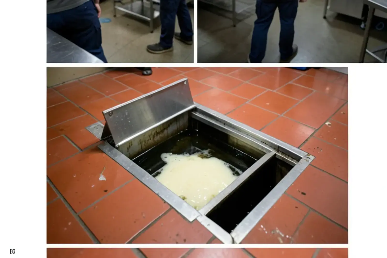 Open lid of an in-floor grease interceptor in a commercial kitchen with a layer of grease on the water surface