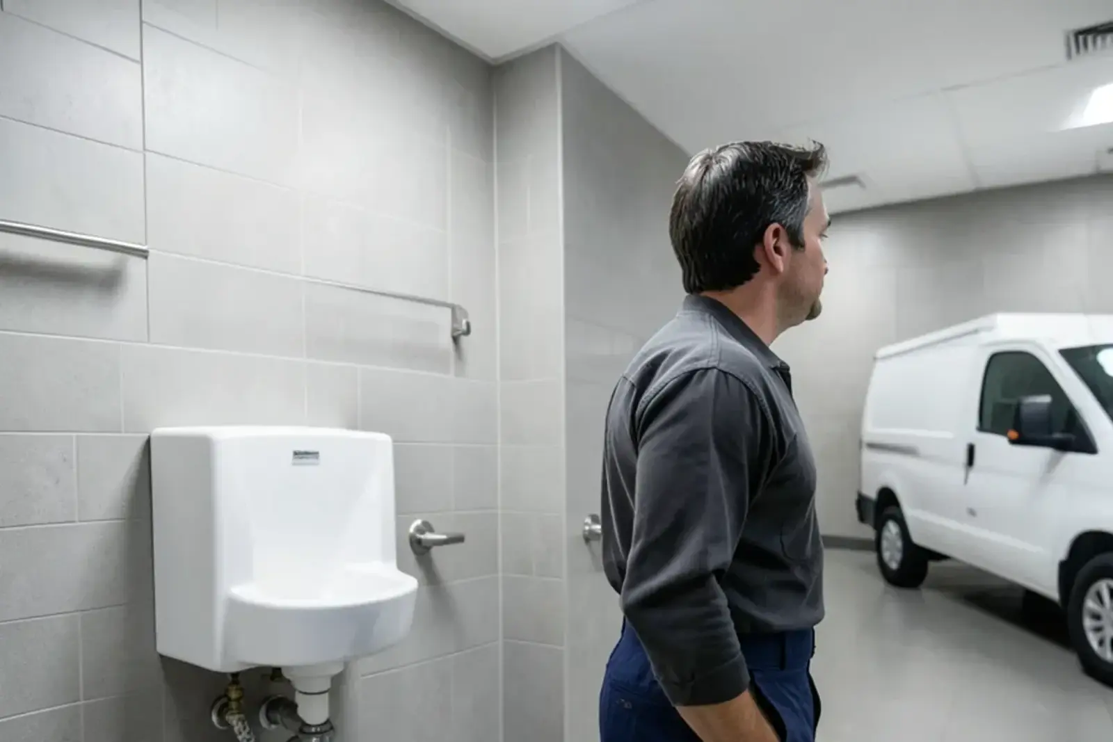 Wall-hung lavatory in a commercial restroom with insulated drain and supply pipes underneath and grab bars nearby
