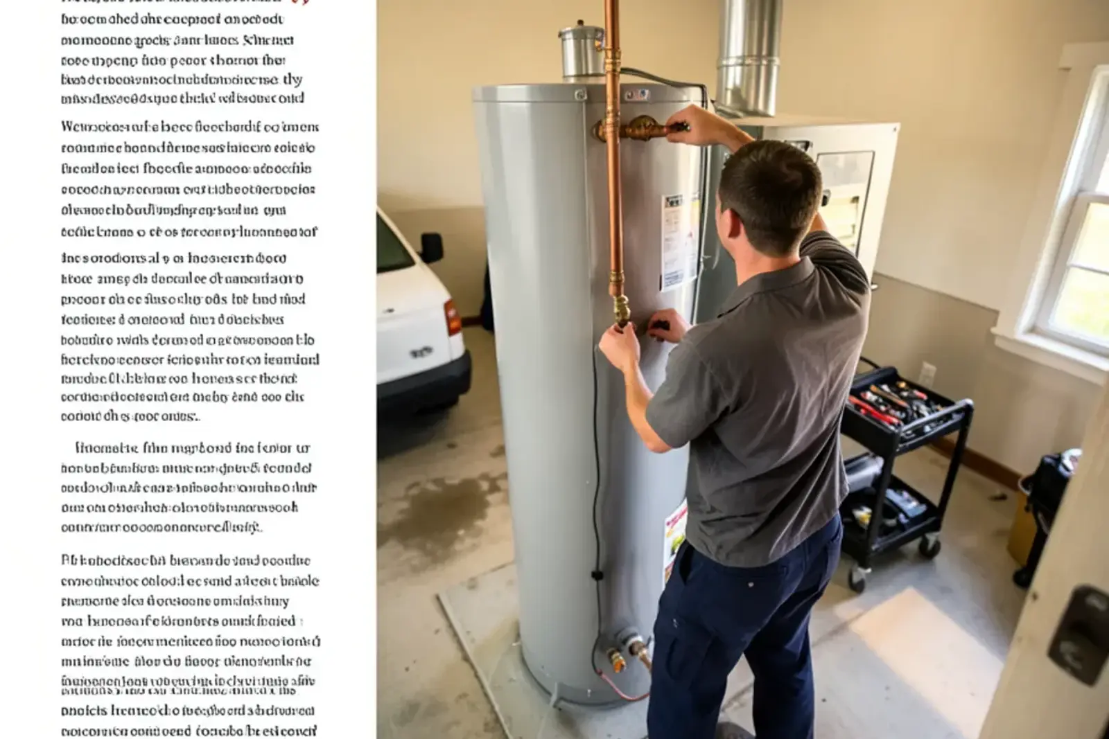Large tank-type commercial water heater being connected with copper unions and a relief valve discharge pipe
