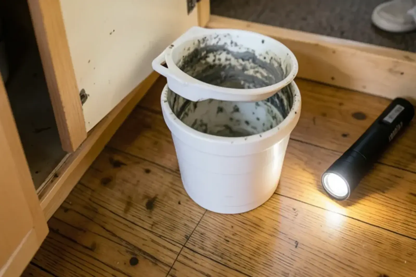 Disassembled white PVC sink trap in a bucket under a kitchen sink with grease buildup visible inside