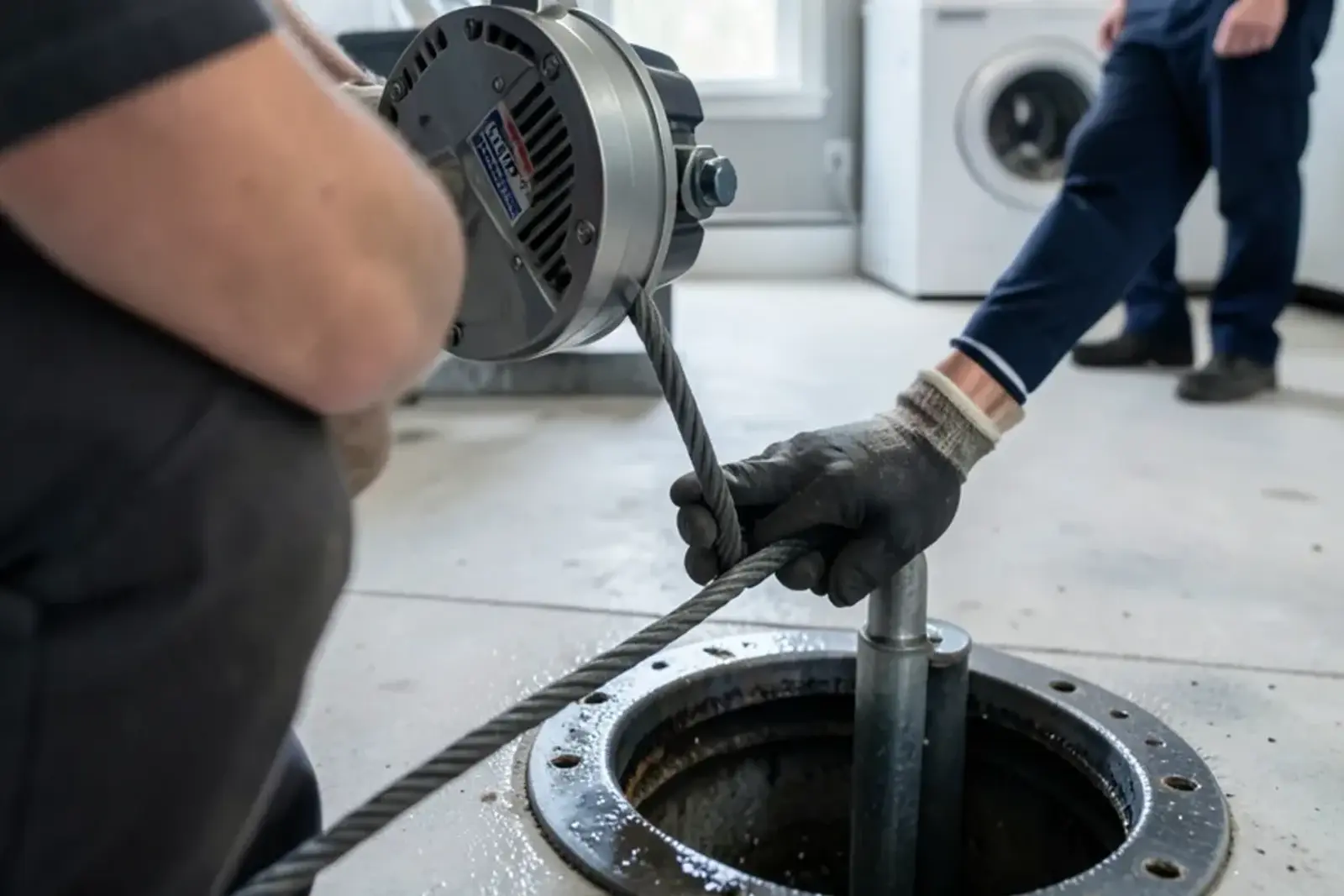 Drum-style drain cleaning machine set up beside a basement floor drain with cable running into it