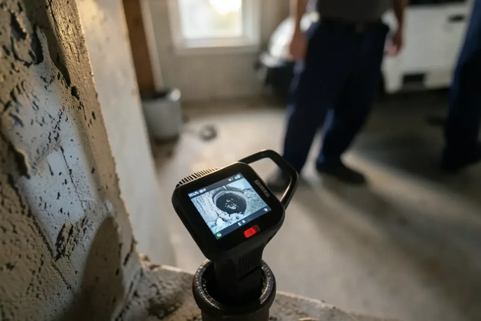 Small inspection monitor showing the inside of an old cast iron drain with rough scale on the pipe wall