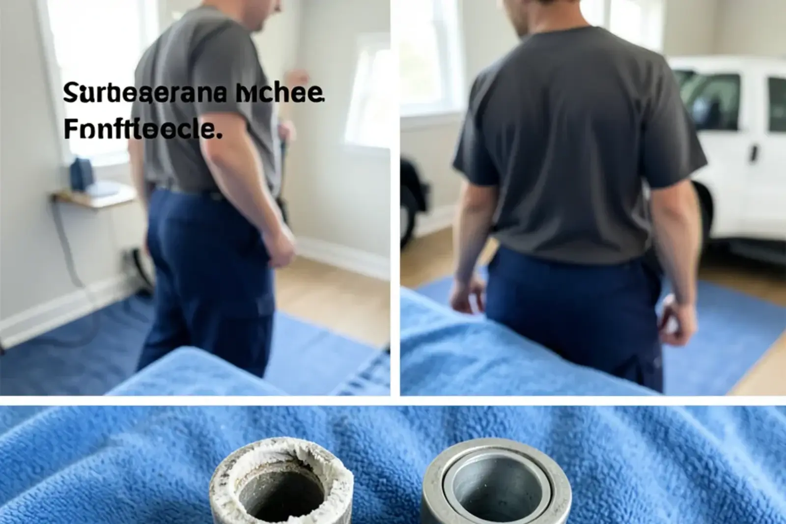 Worn faucet cartridge with mineral crust next to a new matching cartridge on a shop towel