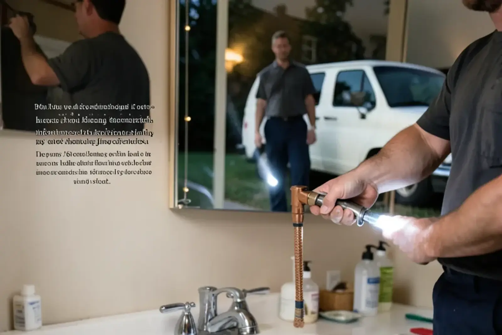 Hand turning a chrome angle stop valve under a bathroom vanity with braided supply lines attached
