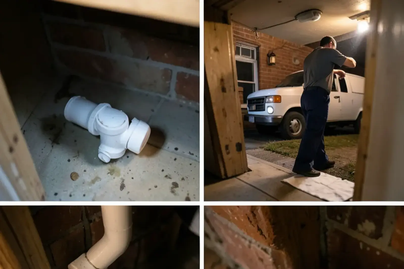 White PVC P-trap under a kitchen sink with a water droplet forming at a slip nut