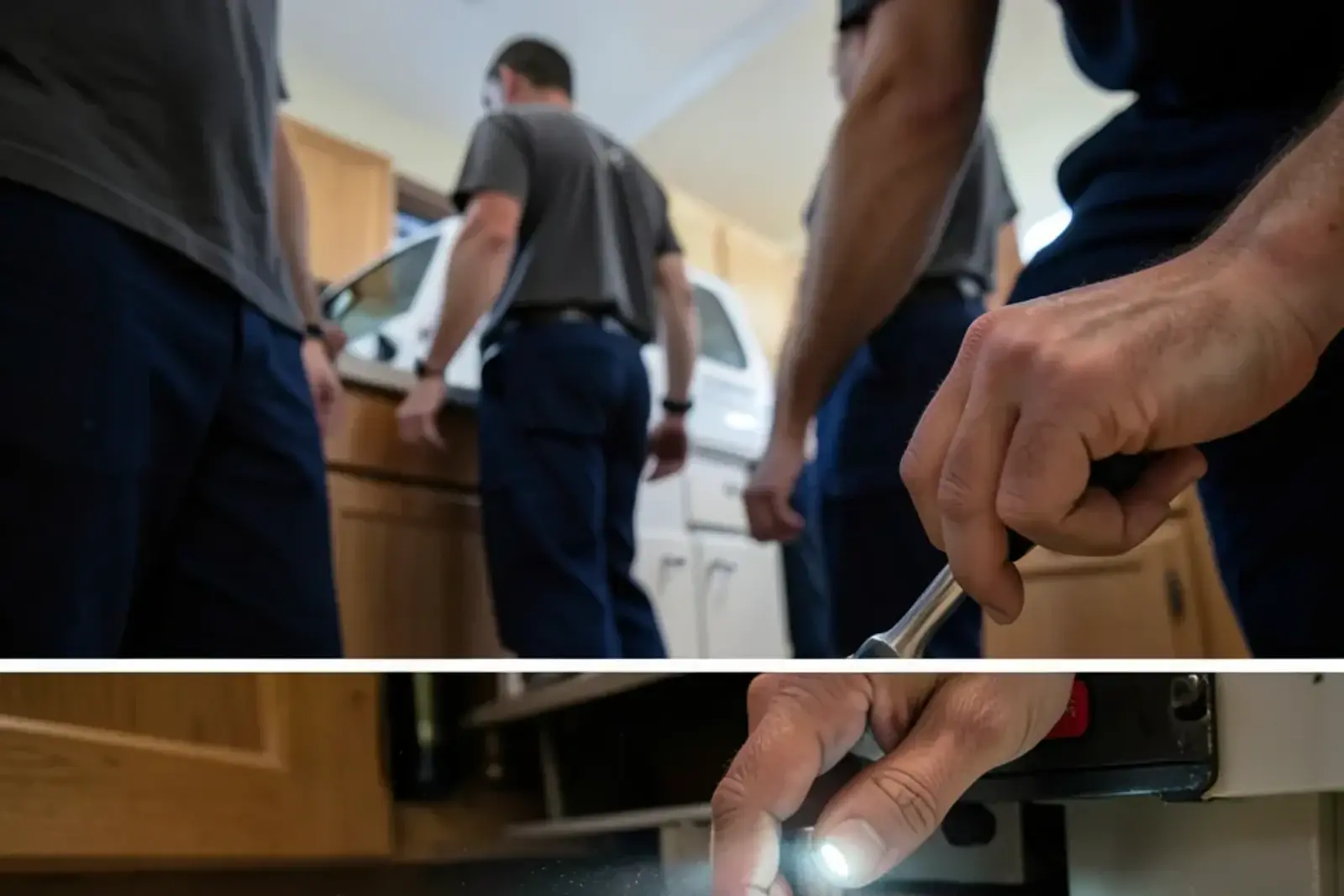 Hand turning a hex wrench in the socket on the bottom of a garbage disposal to free a jammed flywheel