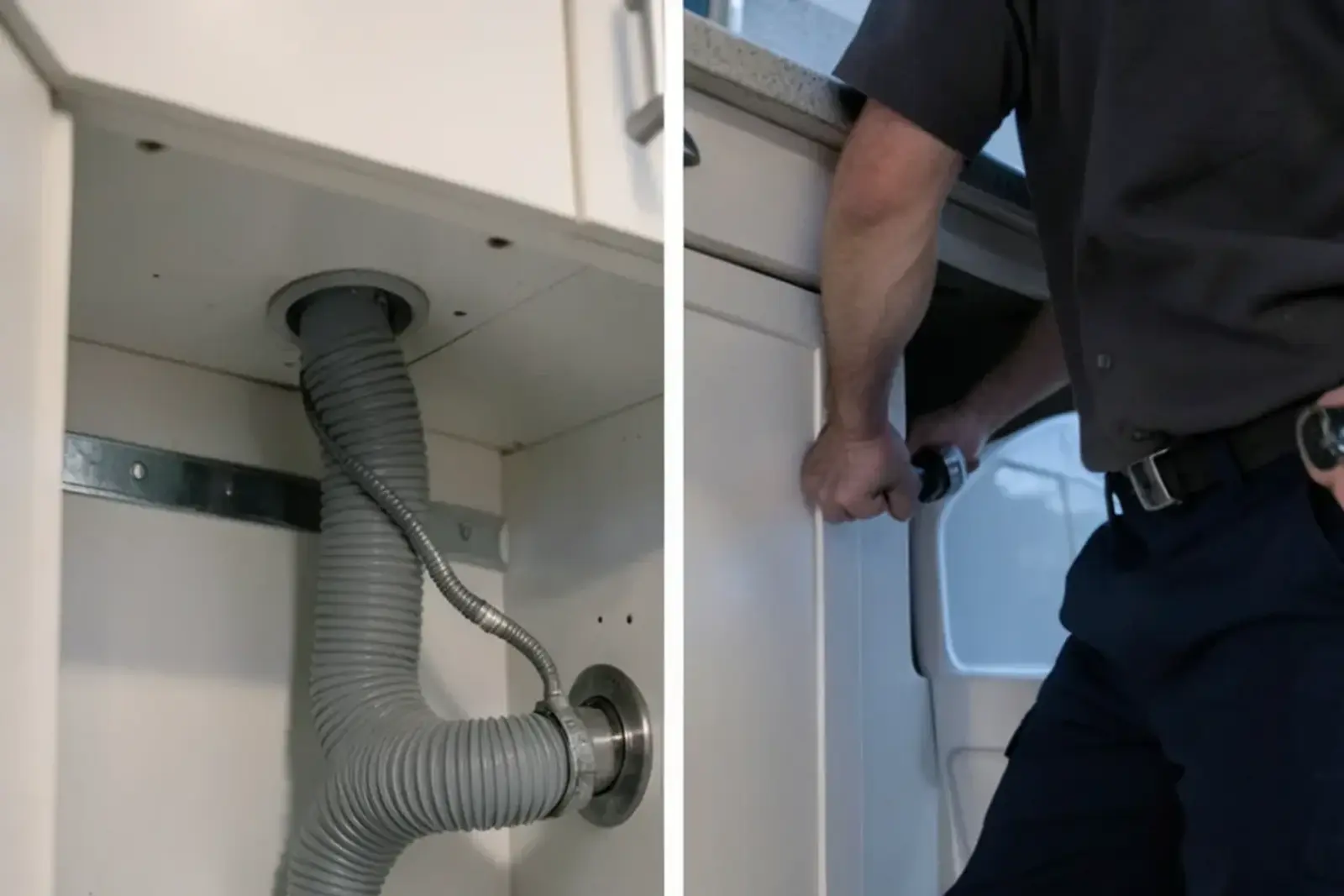 Dishwasher drain hose rising to the underside of the countertop and clipped in place before dropping to the disposal inlet