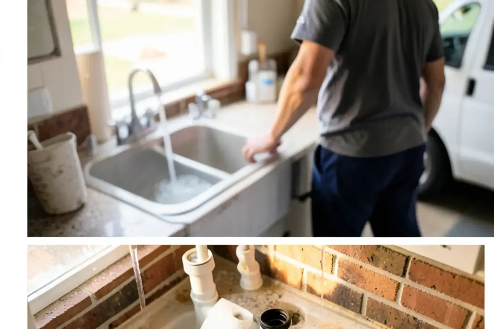 Newly installed garbage disposal with dry paper towel wrapped around the discharge connection during a leak test