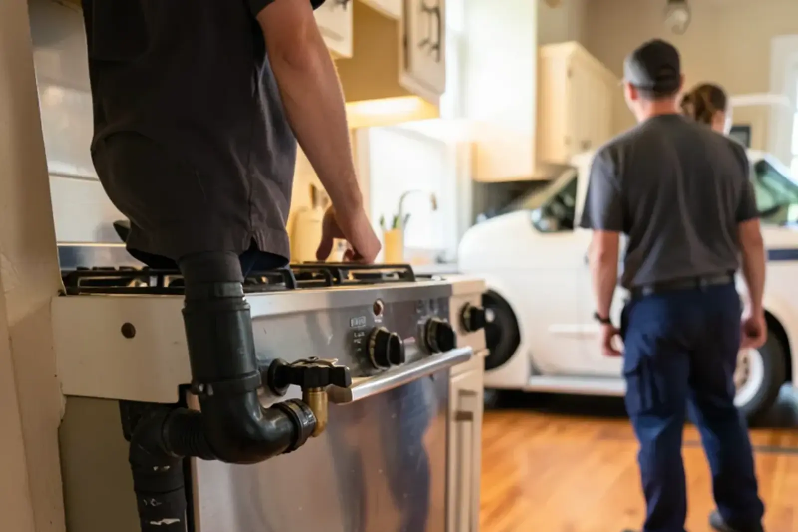 Flexible appliance connector and shutoff valve on the gas stub behind a kitchen range pulled from the wall