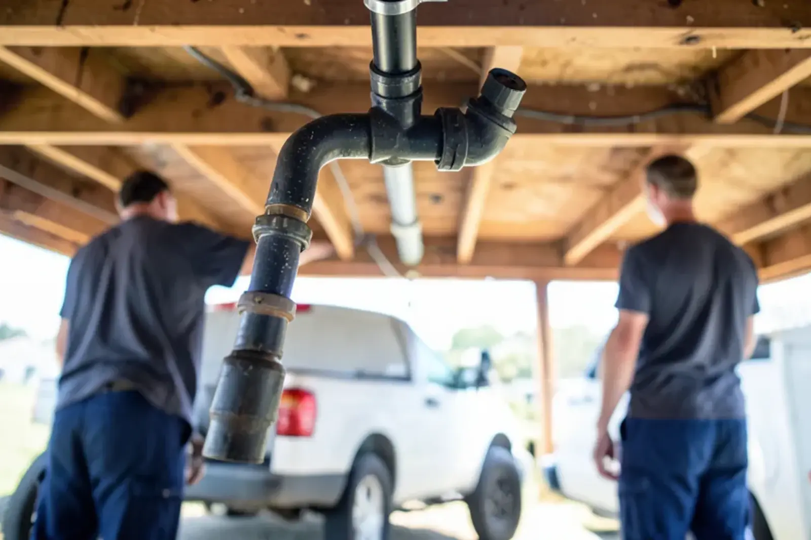 New black steel gas branch strapped to basement joists with a tee and capped test outlet