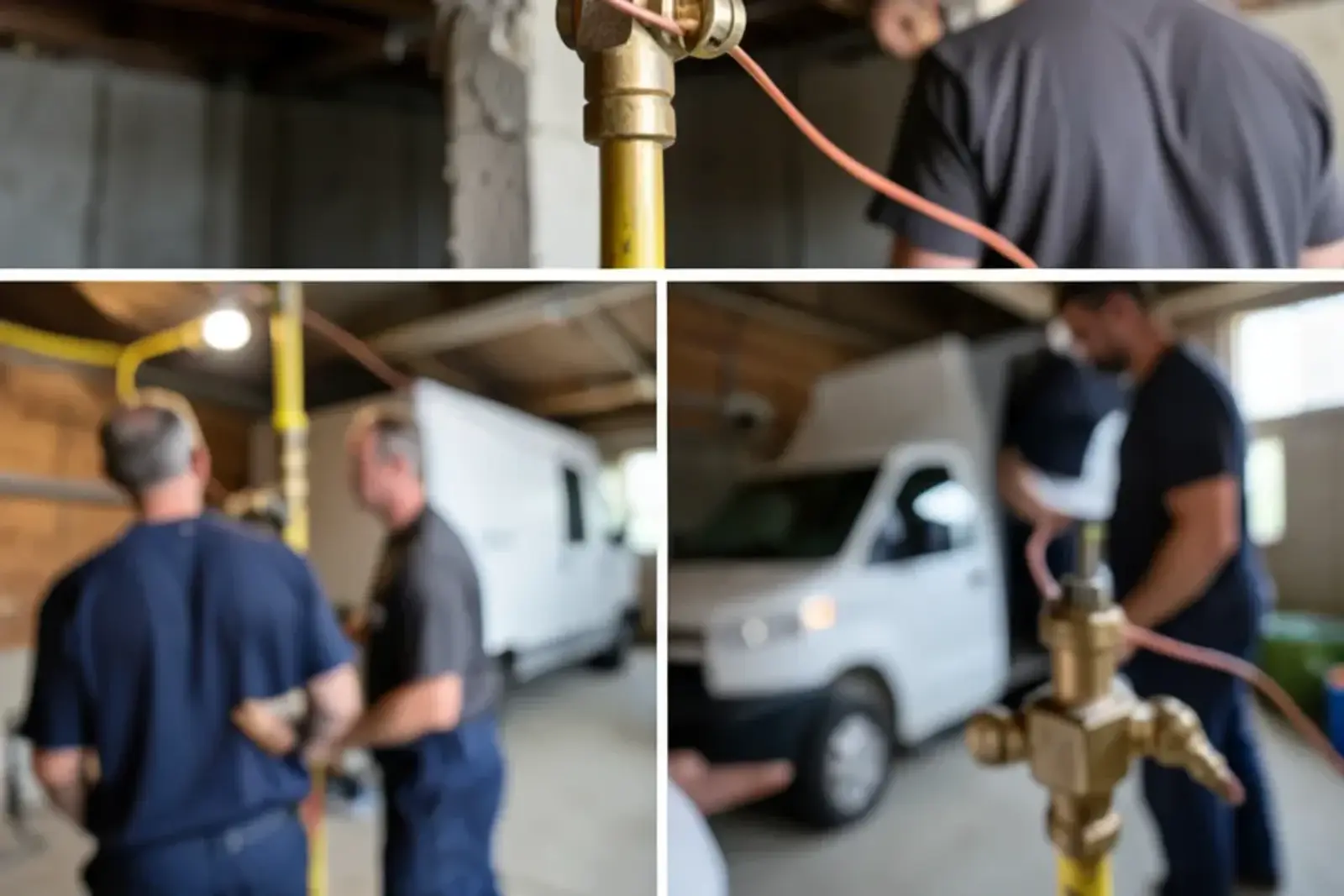 Copper bonding wire clamped to a brass fitting where yellow-jacketed flexible gas tubing begins