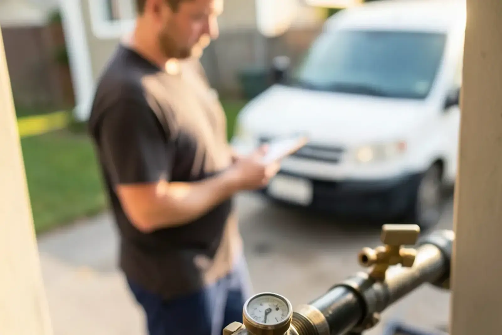 Pressure gauge threaded onto a capped gas line during an air pressure test