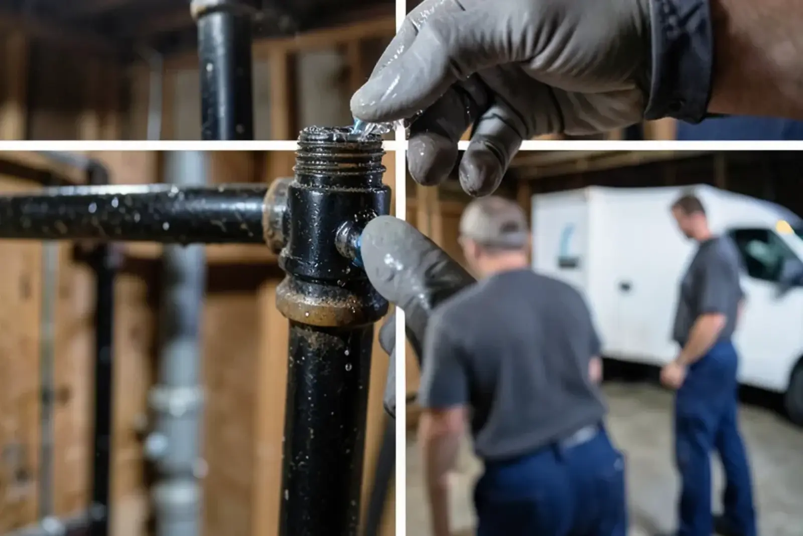 Bubbles forming in leak-detection solution brushed onto a threaded black steel gas joint