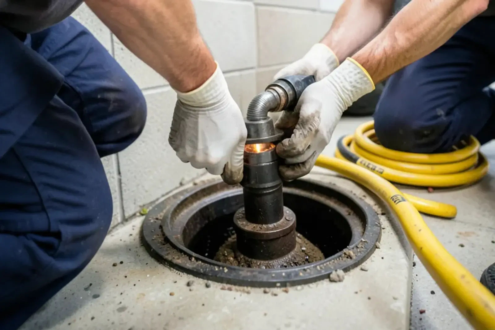 Push-rod sewer camera head being guided into an open basement cleanout before jetting