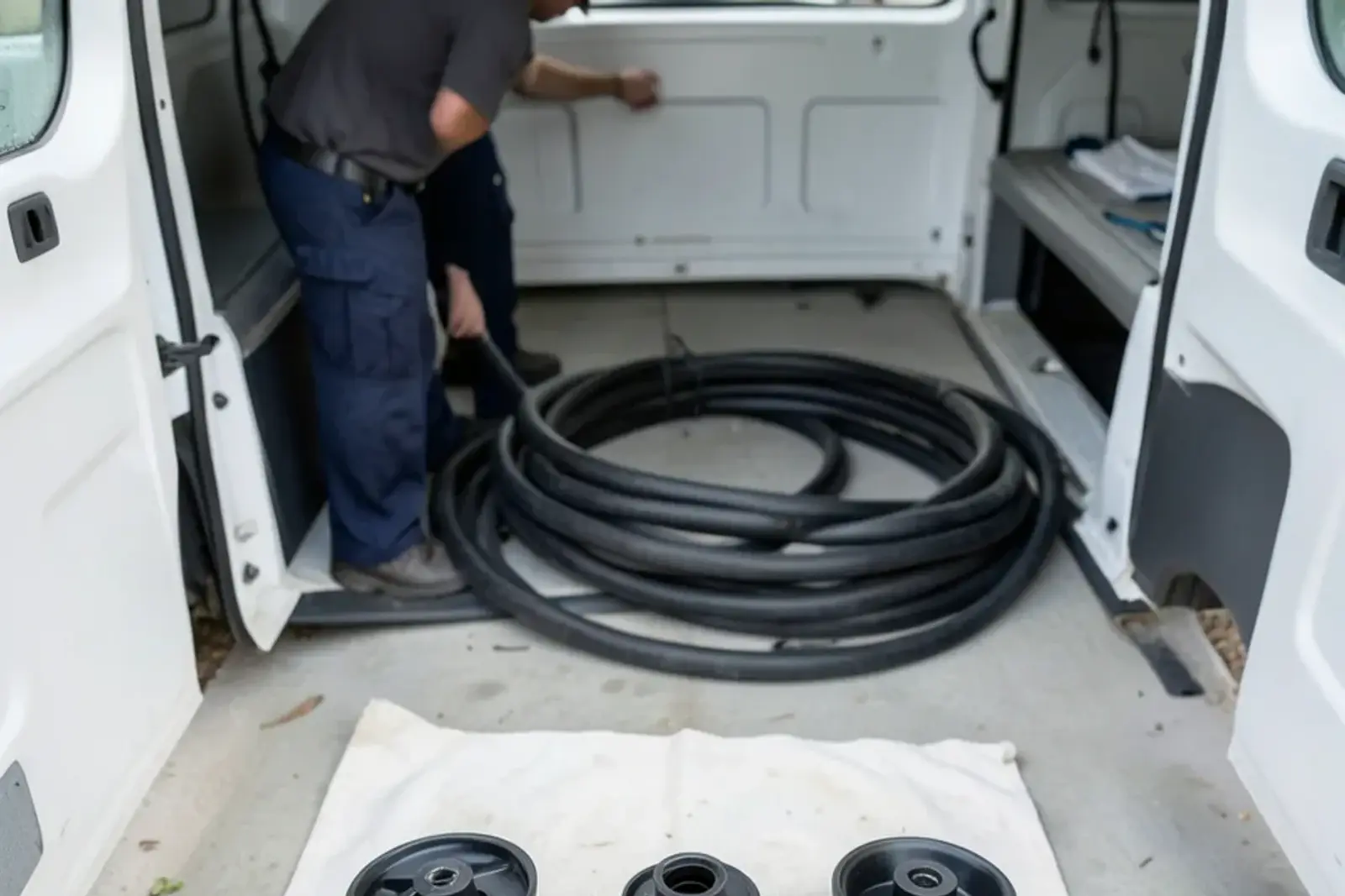 Three different hydro jetting nozzles laid out on a rag, including a spinning head and a root cutter