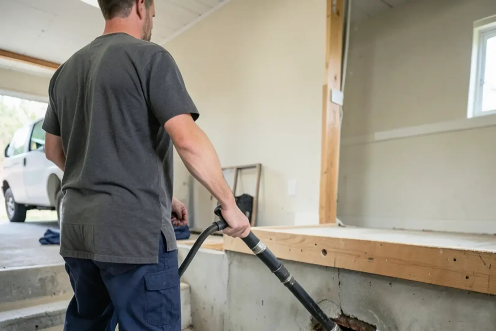 Black jetter hose running into a basement cleanout fitting with water spray contained by a towel