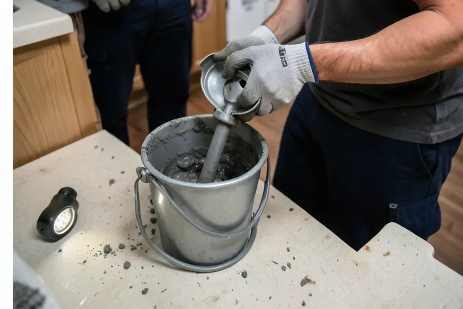 Double-bowl kitchen sink drain with a continuous waste tee and trap opened over a bucket for clearing